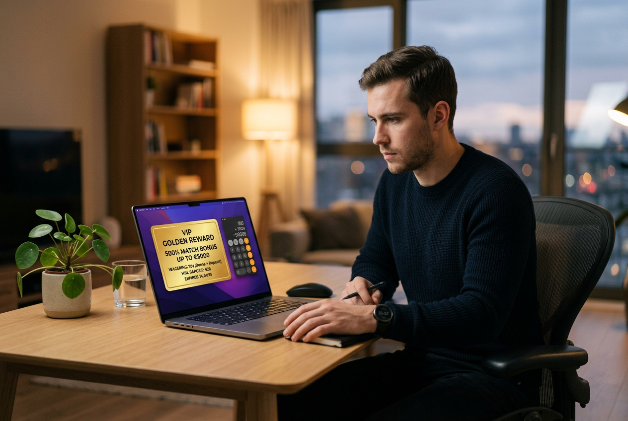 A person reviewing casino bonus terms on a high-end laptop.
