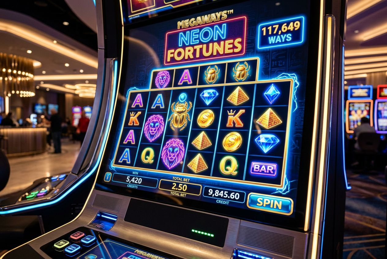 Detailed view of a modern 3D slot machine game interface with neon graphics.