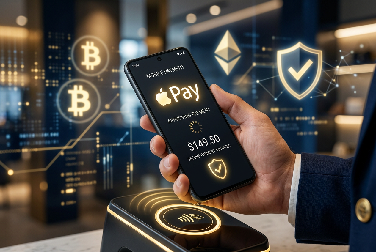 Ilustracja przedstawiająca bezpieczne płatności cyfrowe i kryptowaluty.