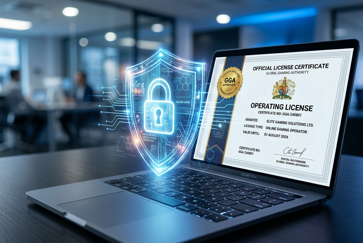 Digital shield and padlock icons representing secure online casino licensing.