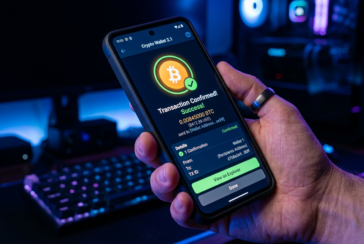 Close-up of a smartphone screen showing a rapid cryptocurrency transfer confirmation.