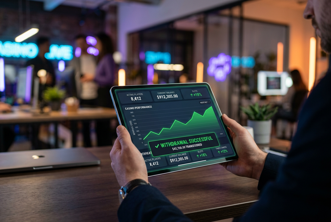 Futuristic digital casino interface showing high payout rates and financial growth charts.